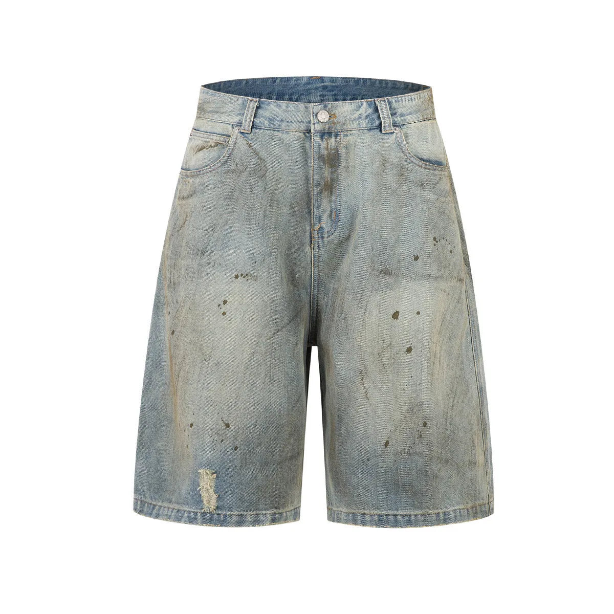 Blue washed cropped straight-leg denim jeans on a model, showing mid-length cut and street-fashion style.