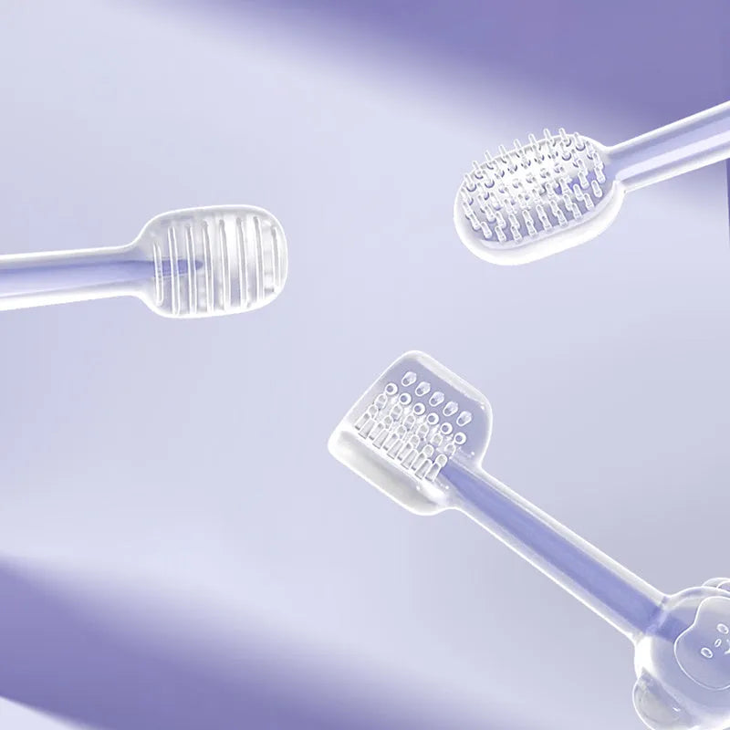 Soft silicone pet toothbrush for dogs and cats in purple, shown with flexible gel bristles for teeth cleaning.