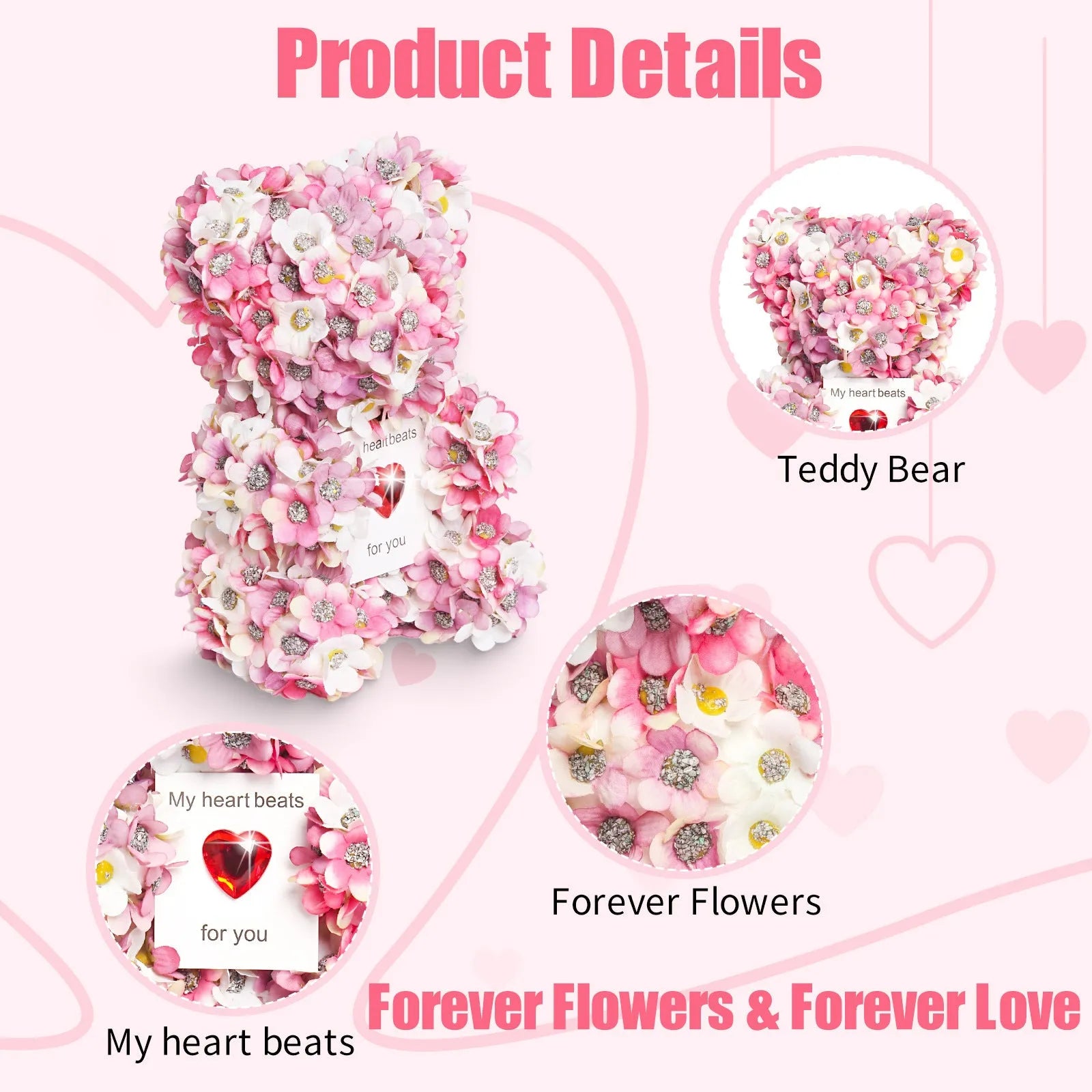 Pink artificial rose bear handmade gift ornament with polyester foam construction 17cm