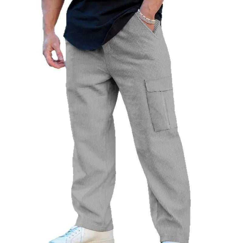 Men's corduroy cargo trousers in straight-leg wide-cut design with drawstring waist closure