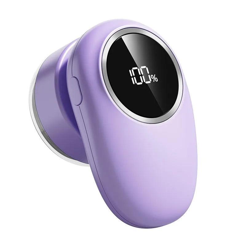 Beige and purple digital display fur ball trimmer with cutter heads for pet hair removal