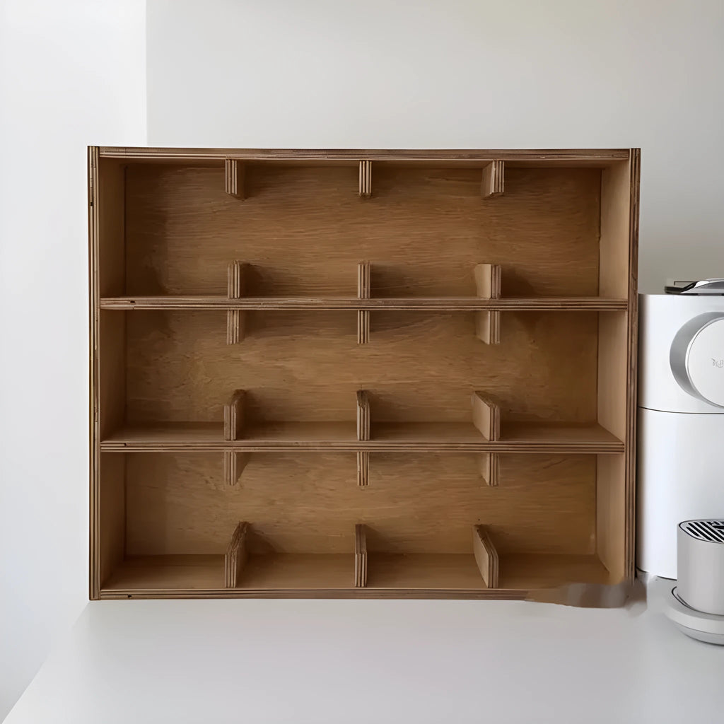 Square birch wood cup storage rack with multiple grid compartments