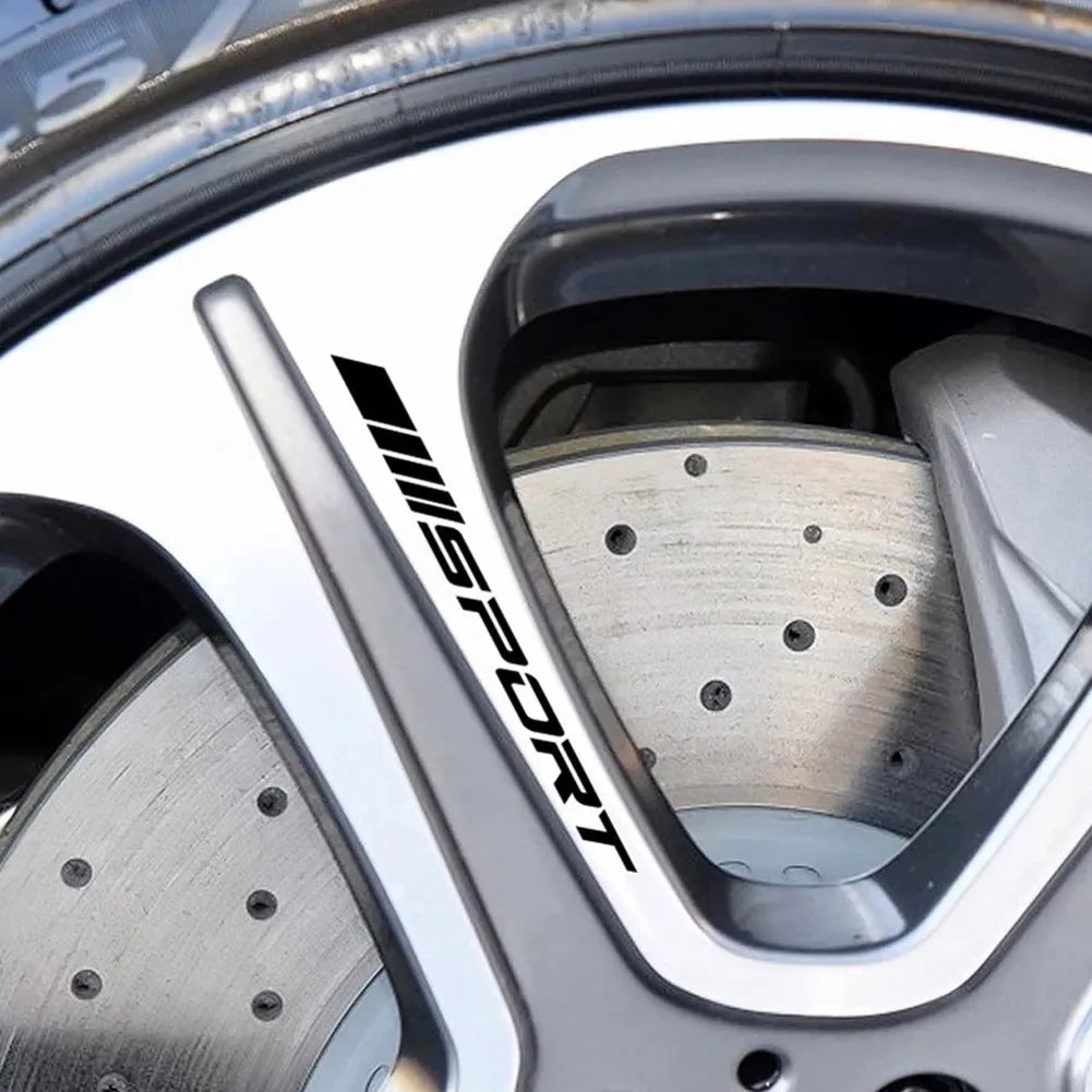 PET car rim stickers with hollow sports design in black, red, and white colours