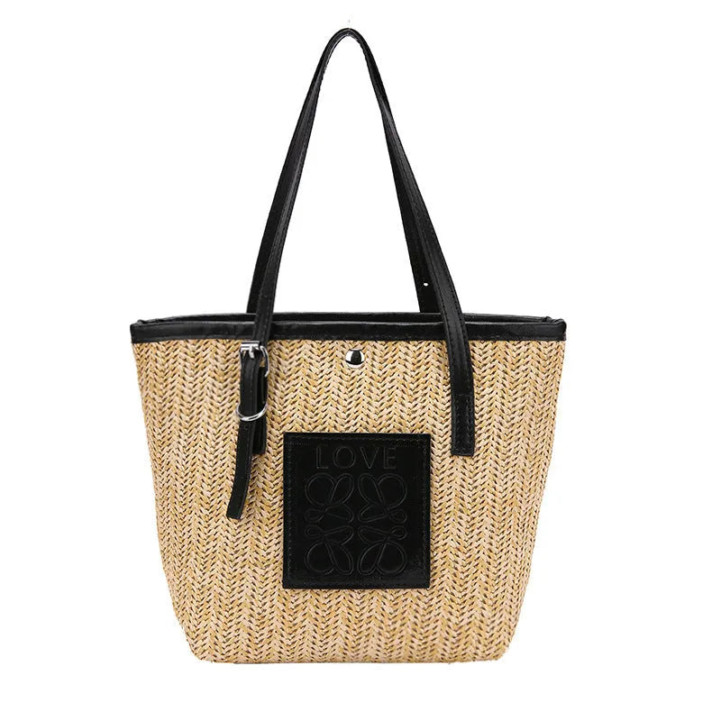 Straw woven women's shoulder bag in retro style with three-dimensional pocket