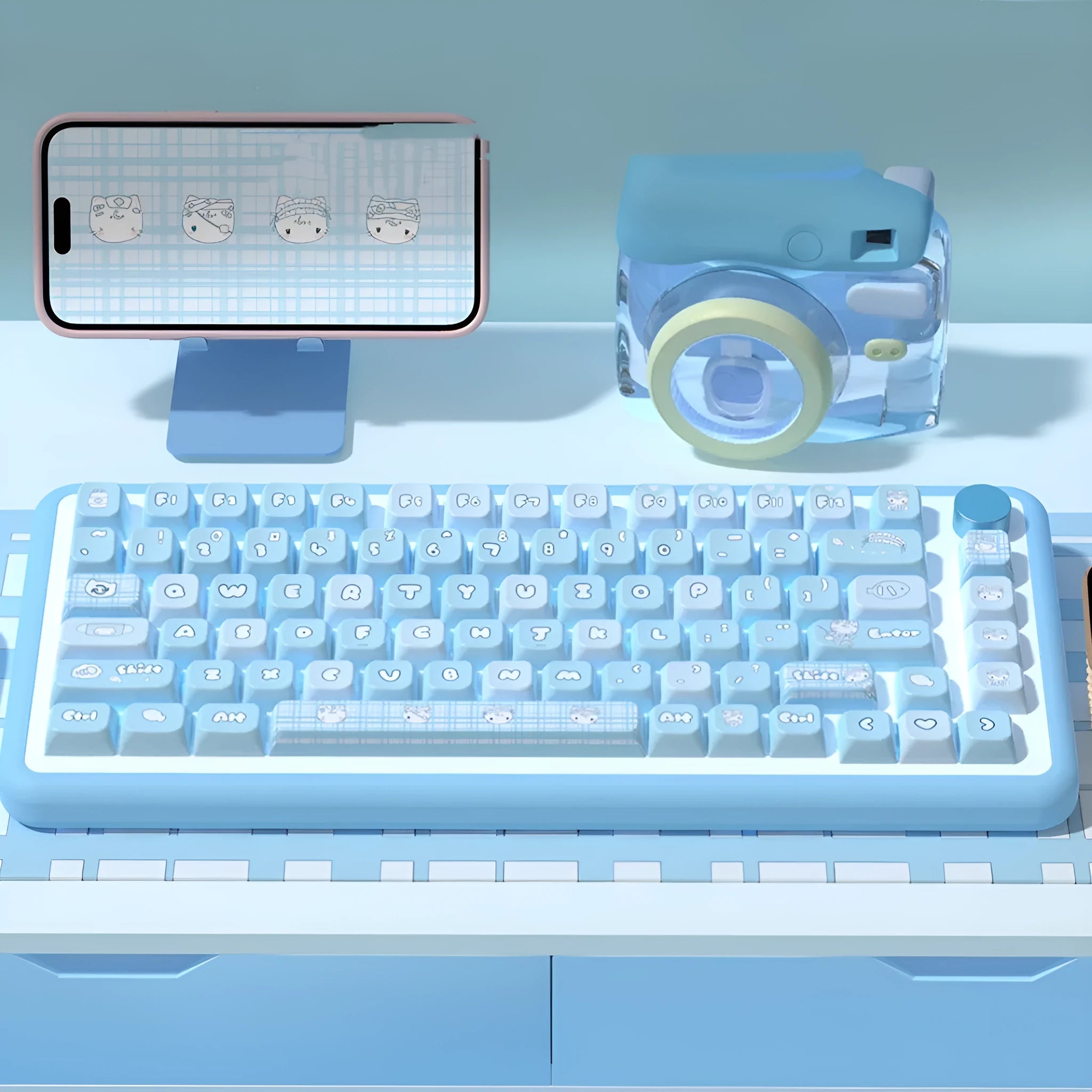 Watercolour kitten design custom keycap set for mechanical keyboards in PTB material