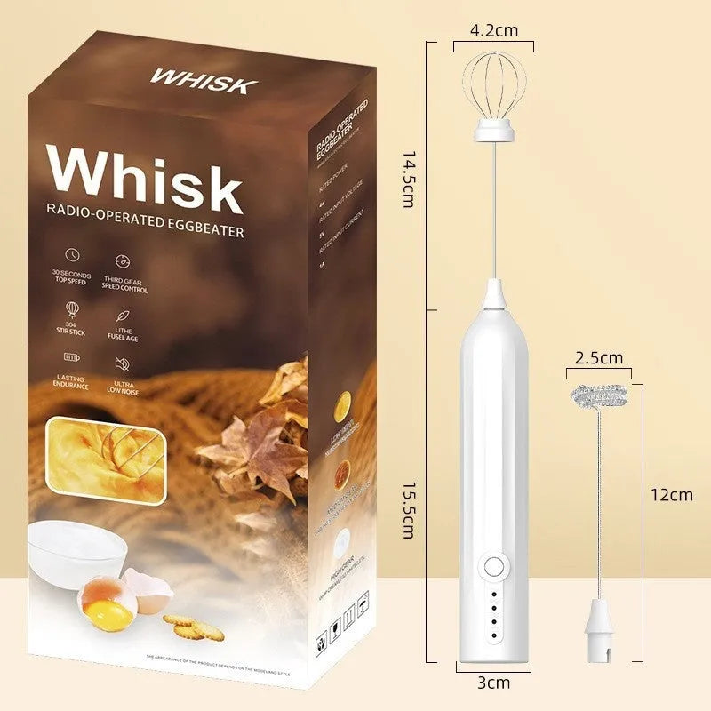 USB rechargeable handheld electric milk frother in black, white and khaki colours