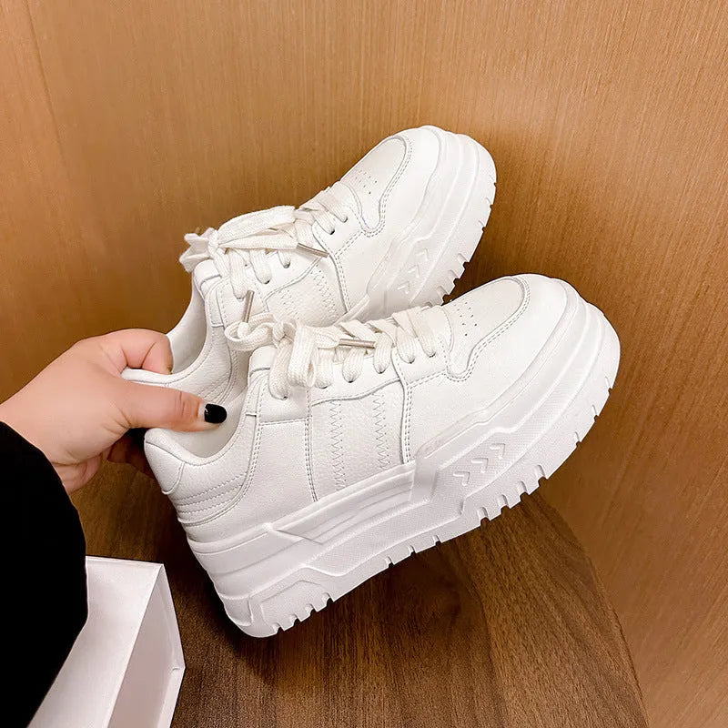White cowhide leather platform height increasing casual lace up sports board shoes for women