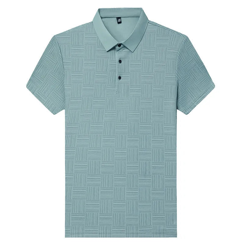Men's slim fit lapel collar t-shirt in beige, made from a thin breathable fabric.