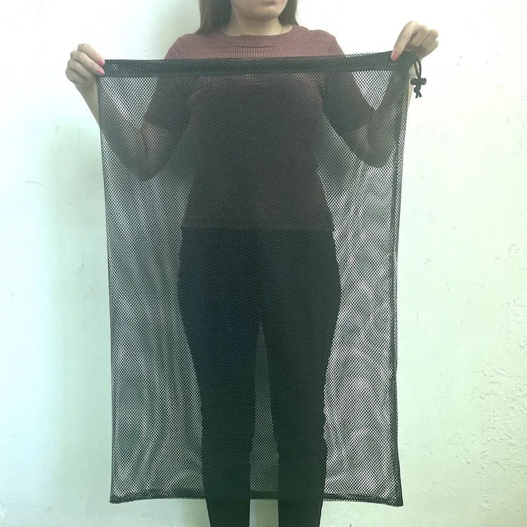 Black mesh drawstring storage bag for children's toys in three size options.