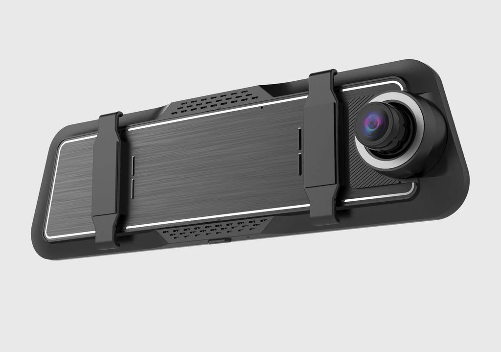 Dual-lens car driving recorder with a large touch screen, shown in black, gold grey, and blue grey colour options.