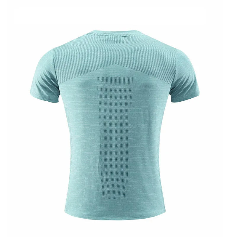 Men's short sleeve running t-shirt in polyester spandex fabric on a hanger