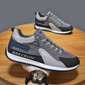 Men's lightweight mesh running shoe in green or grey with lace-up front and round toe
