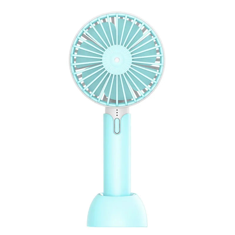 Blue handheld mini desktop USB electric fan with three speed settings and oscillating head