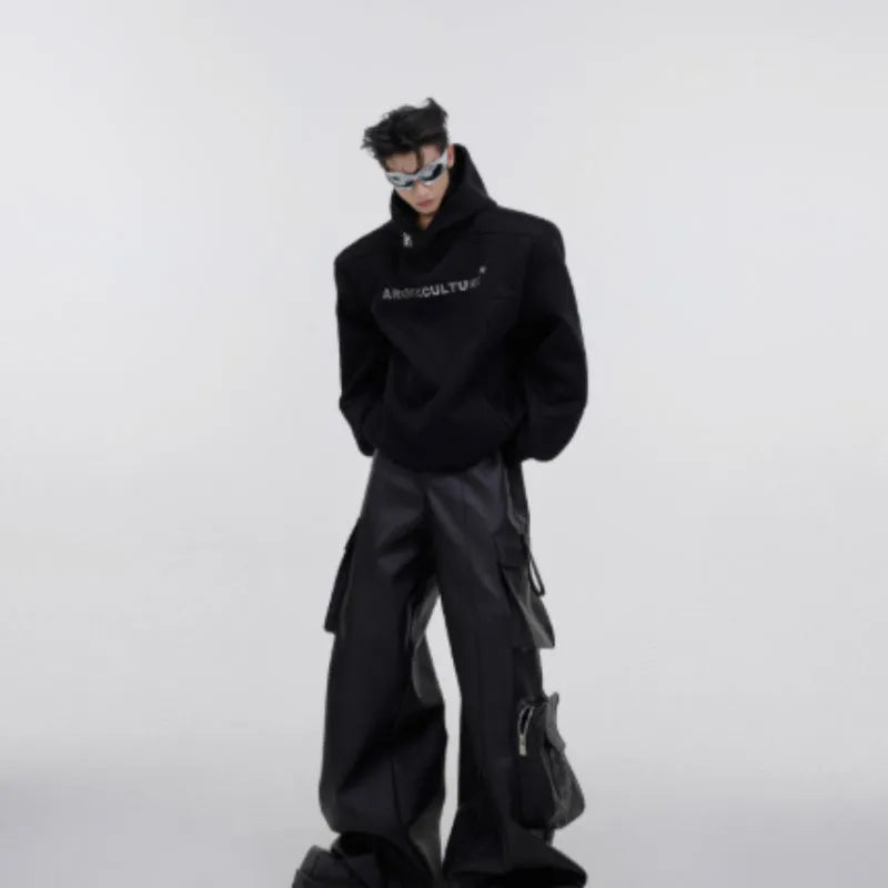 Men's loose fit hooded sweater with heavy shoulder pads and 3D printed design in red