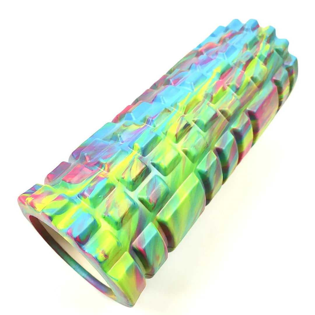 33cm camouflage pattern EVA foam roller in blue green yellow colour shown on exercise mat