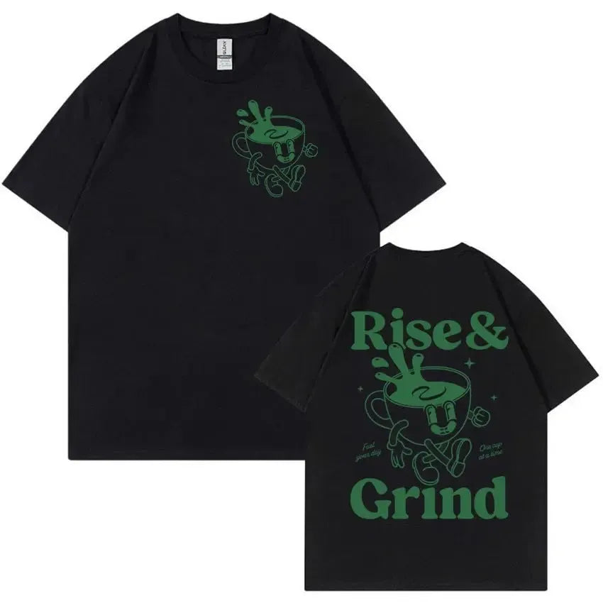 Loose fit black linen t-shirt with green Rise And Grind coffee cartoon print on chest.