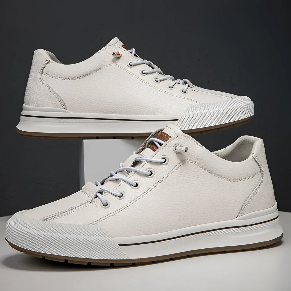 Men's white and black matte leather casual shoes with flat heels and round toes, showing hollow-out and fleece-lined style options.