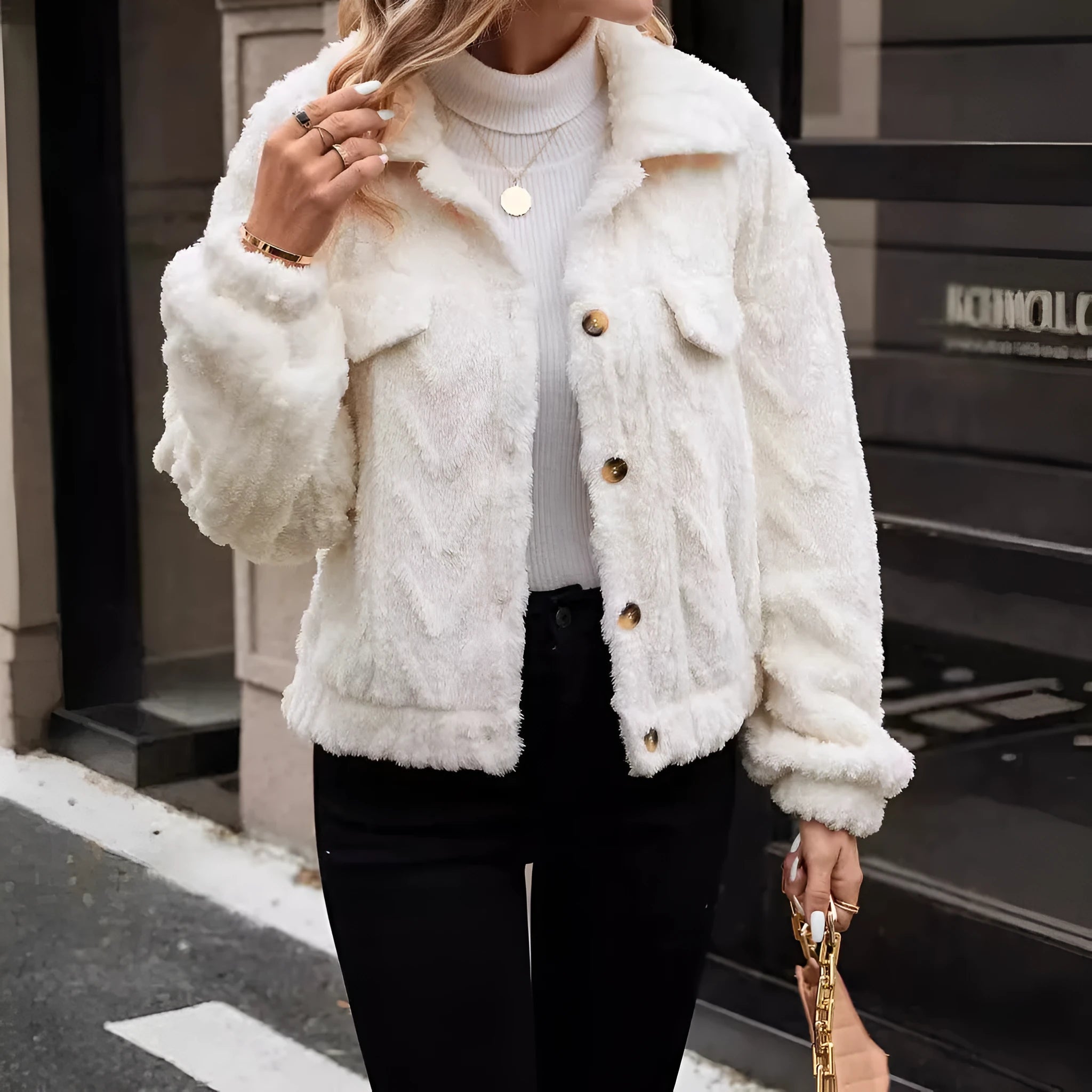 Women's Ivory White double-sided plush button cardigan coat with regular long sleeves