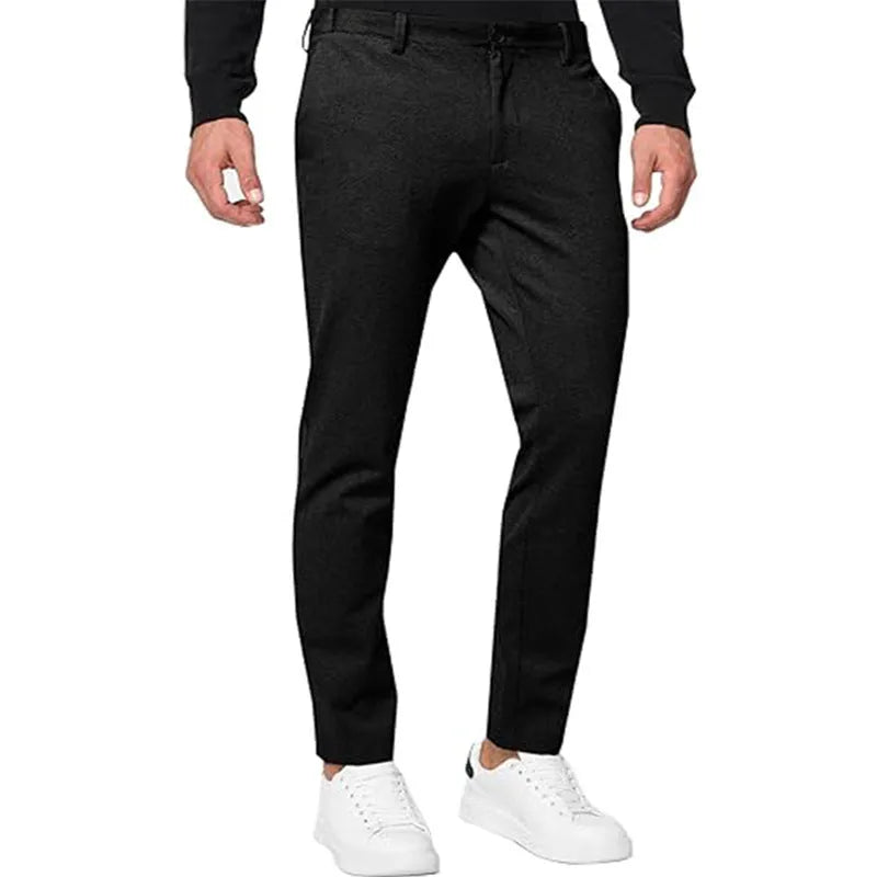 Men's slim-fit tapered chino trousers in cotton blend fabric showing five colour options