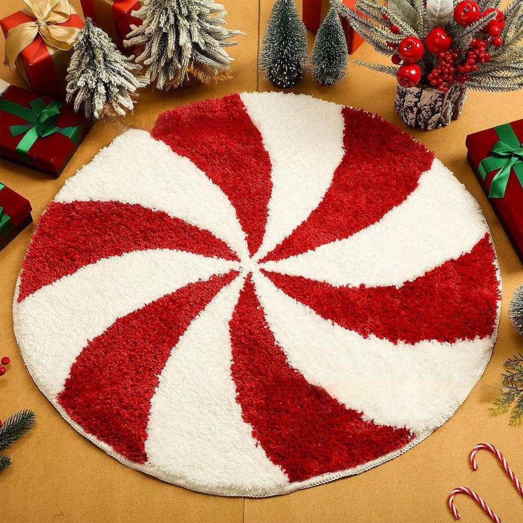 Christmas round pad polyester carpet on floor in 60cm or 80cm size, showing one of ten festive printed designs.