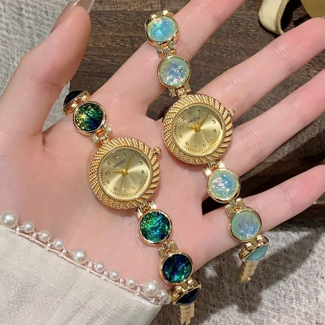 Women's 25mm round quartz watch in zinc alloy case showing six colour options