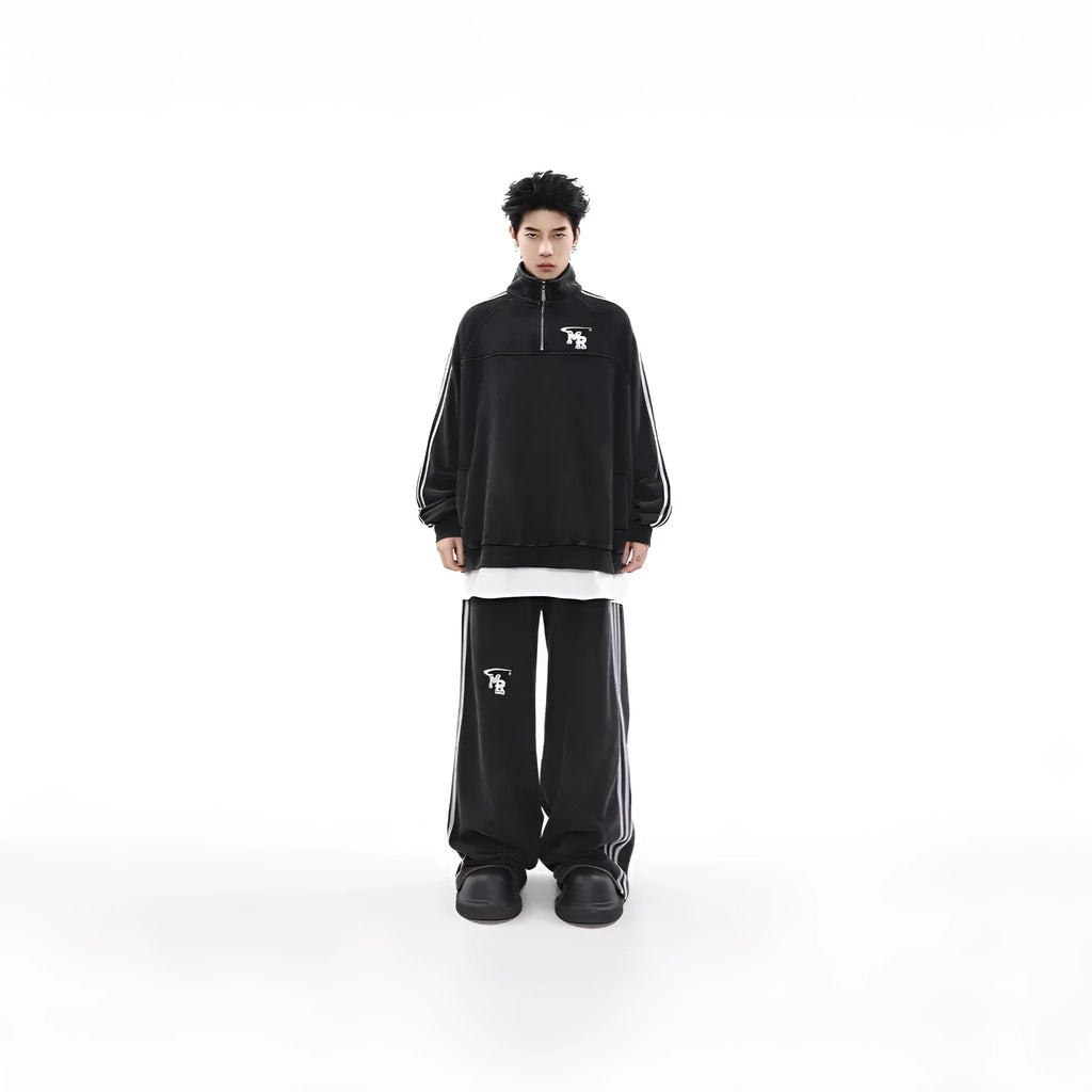 Black Hong Kong style retro sports hoodie with stand collar and long sleeves