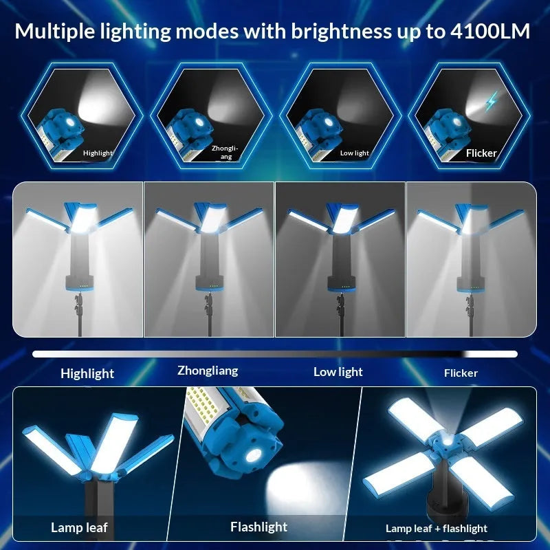 Blue foldable outdoor LED camping lamp with folding bracket and storage bag