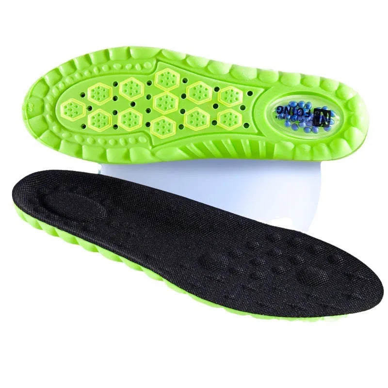 Green sports insoles showing PU air cushion construction and argy wormwood layer