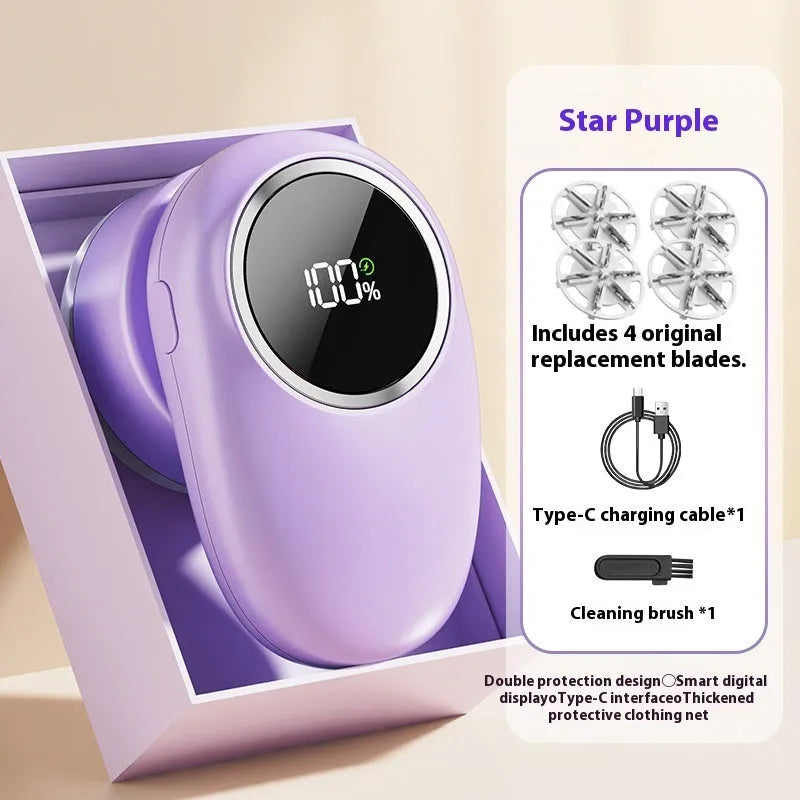 Beige and purple digital display fur ball trimmer with cutter heads for pet hair removal