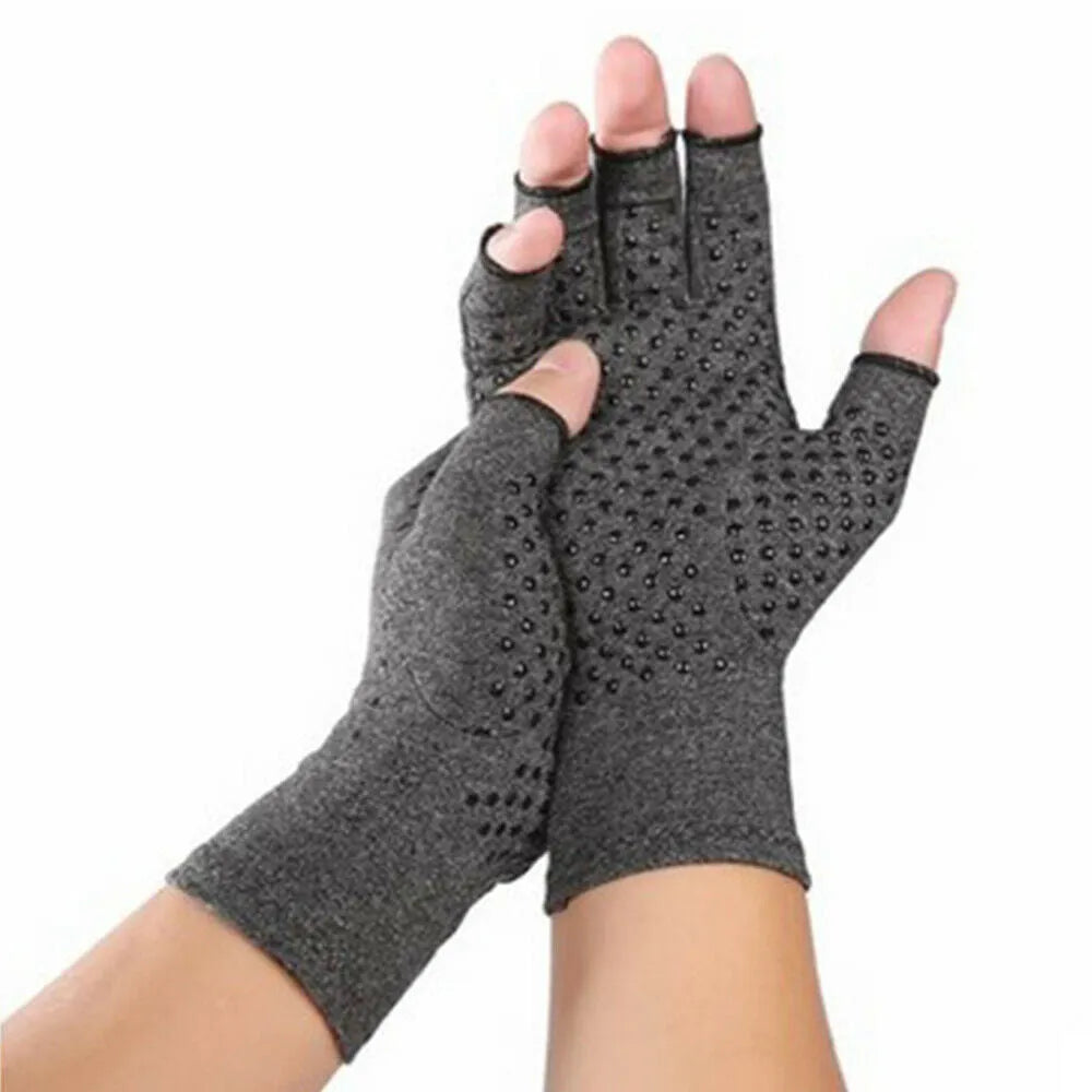Grey half-finger compression gloves for arthritis with anti-slip palm grip.
