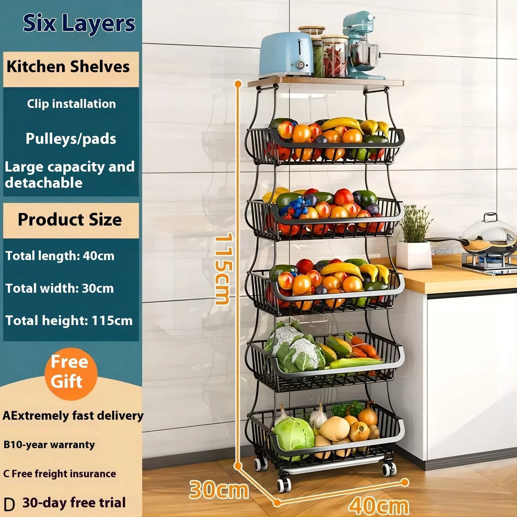 Black six tier free standing kitchen storage shelf trolley with modern design