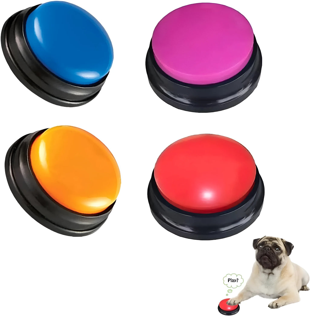 Voice recording dog training buzzer in five colour options showing record and playback buttons
