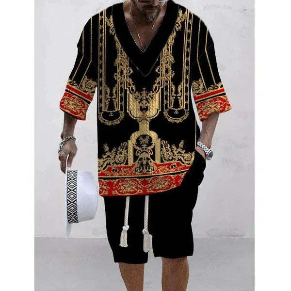 Loose casual short sleeve suit set in polyester fabric showing matching top and shorts