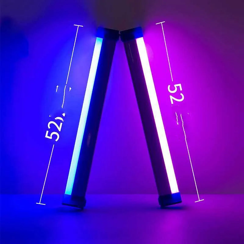 Blue and purple rechargeable dimmable LED tube stick light in 32cm length on a dark surface.