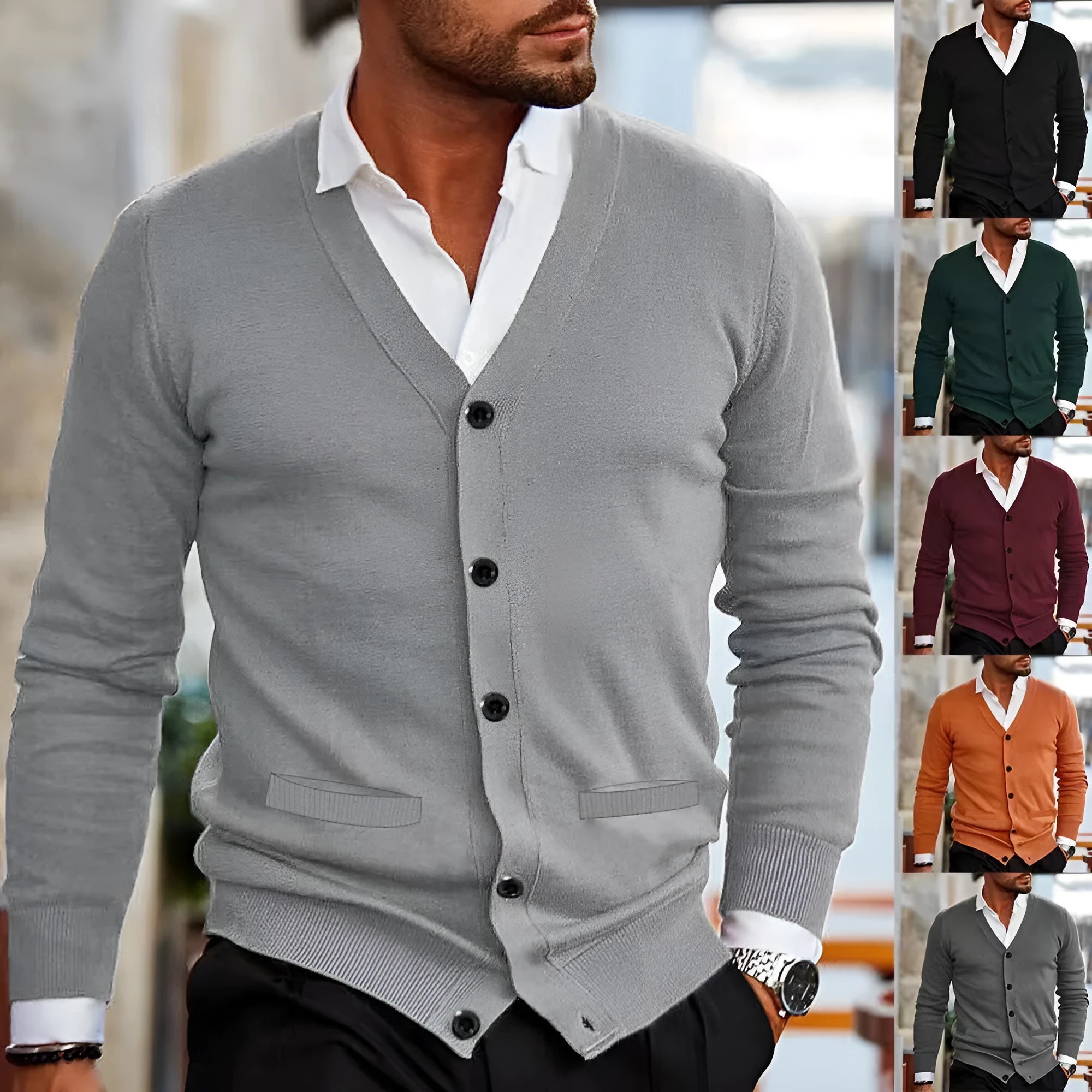 Men's slim fit acrylic cardigan in light grey, shown as a long-sleeved sweater coat open at the front.