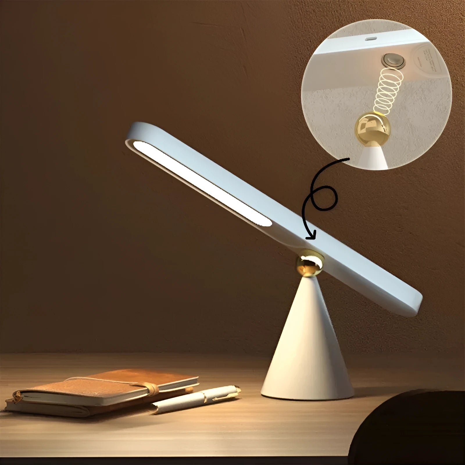 Geometric desk lamp with magnetic base shown attached to metal surface as wall light