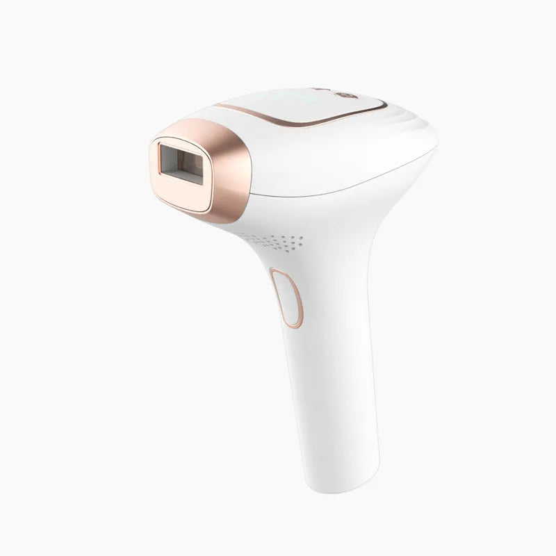 Pink and white three-in-one laser hair removal device with ice-sensing technology and complete accessory kit