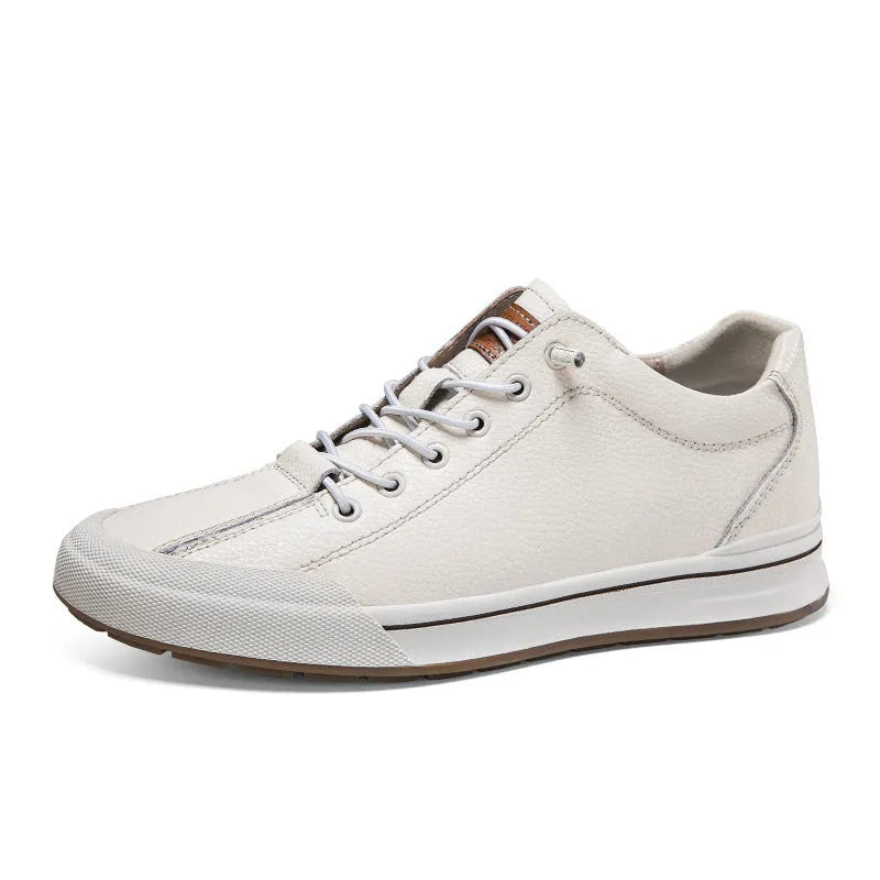Men's white and black matte leather casual shoes with flat heels and round toes, showing hollow-out and fleece-lined style options.