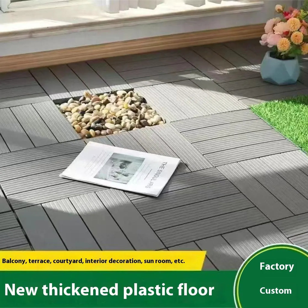 Pack of ten wood grain plastic floor tiles showing splicing edges and non-slip texture