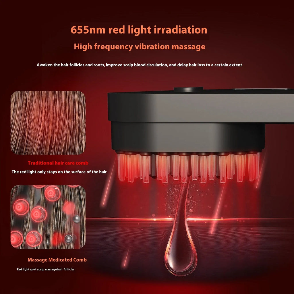 Smart massage comb with red light therapy function in pink or black colour options