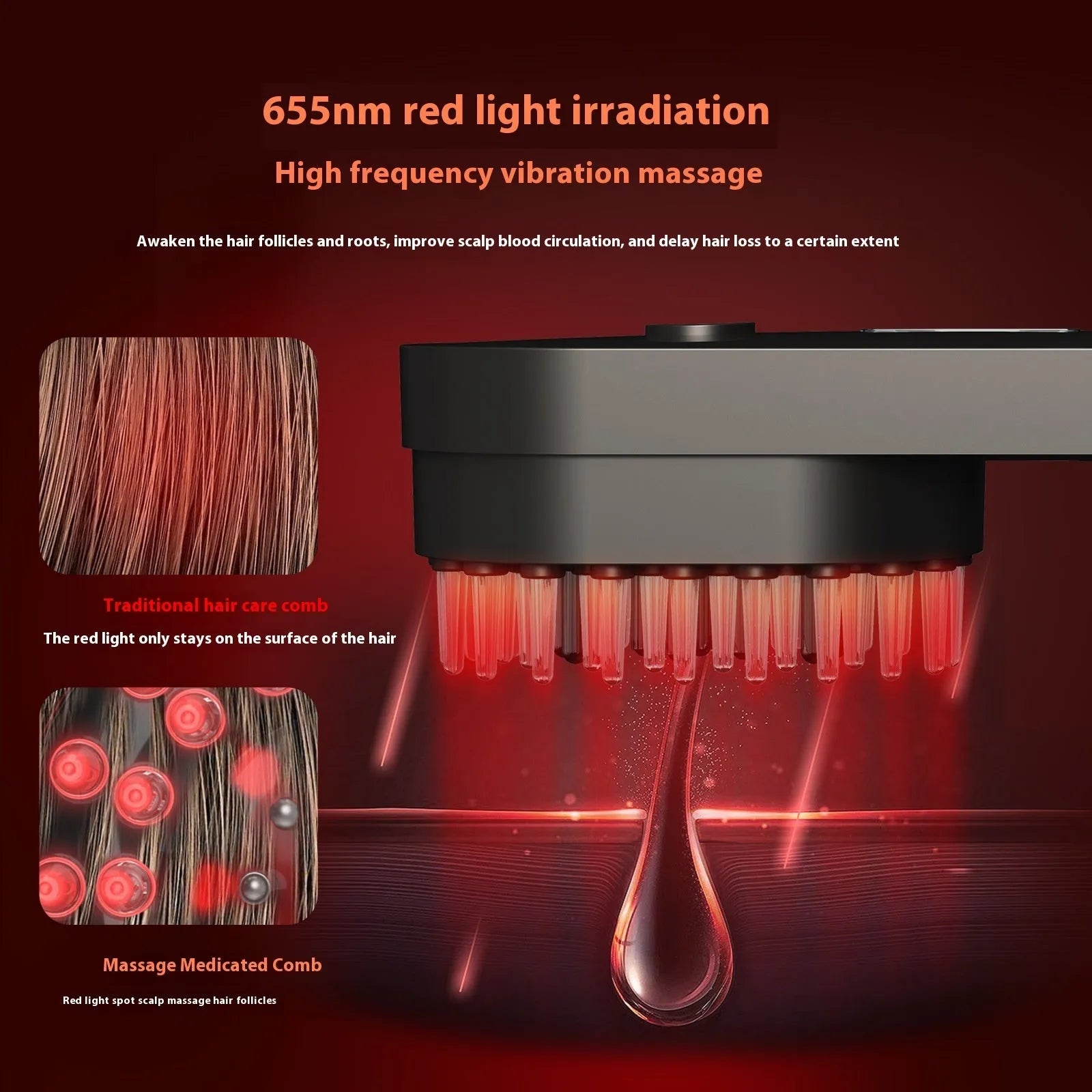 Smart massage comb with red light therapy function in pink or black colour options