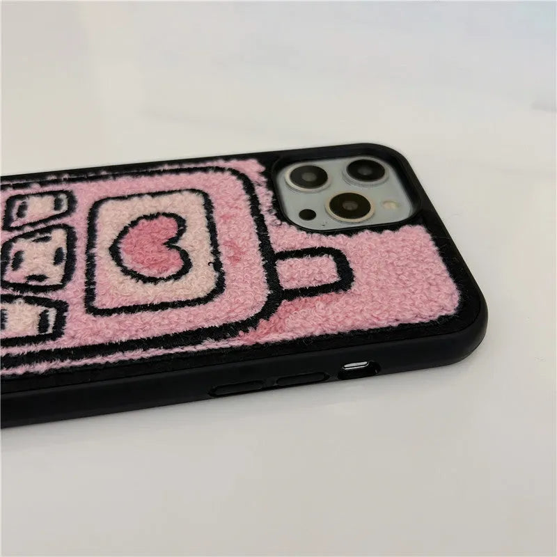 Pink TPU iPhone case with embroidered towel design for iPhone 11-15 models