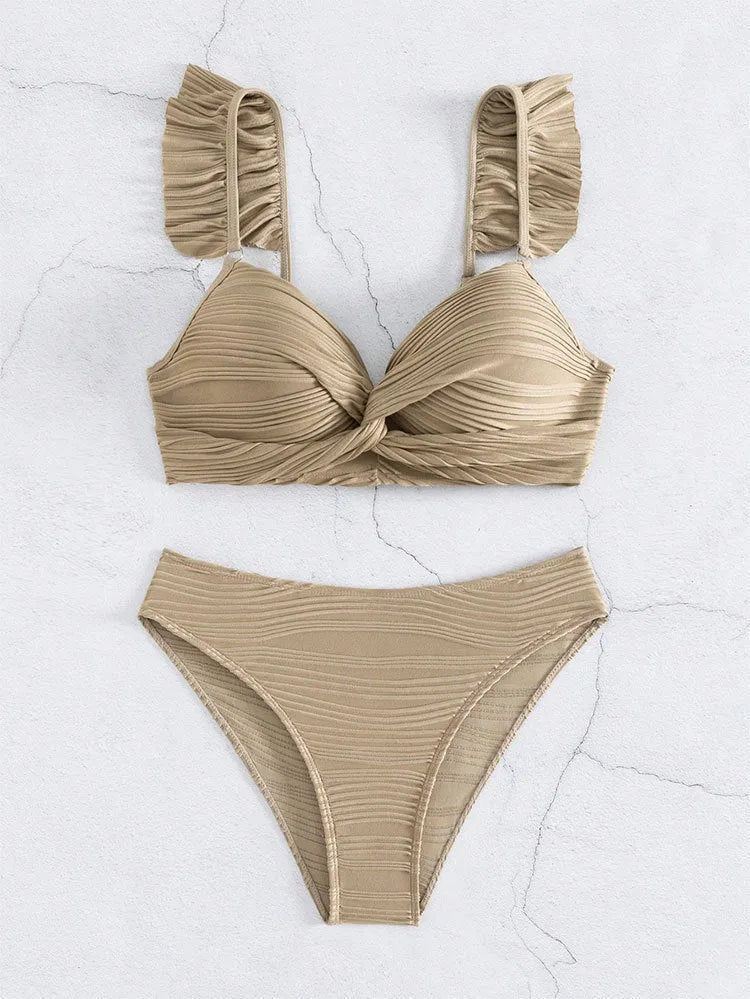 Women's solid colour bikini swimsuit in polyester fabric showing black and khaki colour options