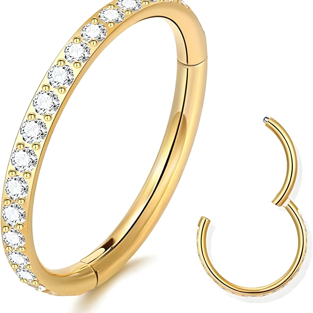 A round stainless steel seamless nose ring shown in gold, rose gold, black, and steel colour finishes.