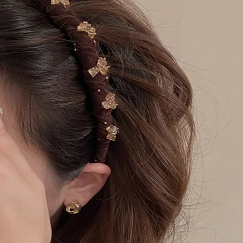 French velvet hairband with crystal wave pressing in wine red colour for non-slip high head hair bundling