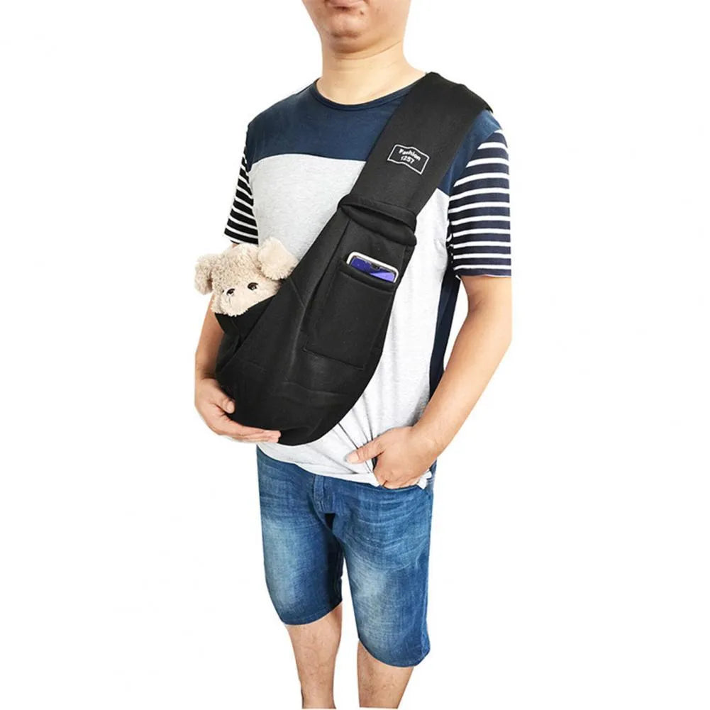 A folded and unfolded collapsible cat messenger bag with mesh panels, shown in blue.