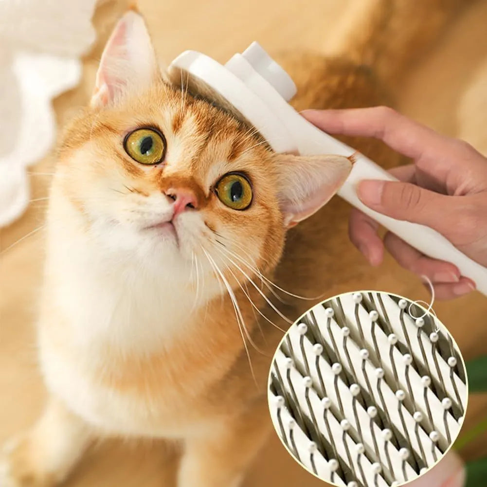 Blue self-cleaning cat and dog brush with rubber-tipped pins and a non-slip handle on a white background.