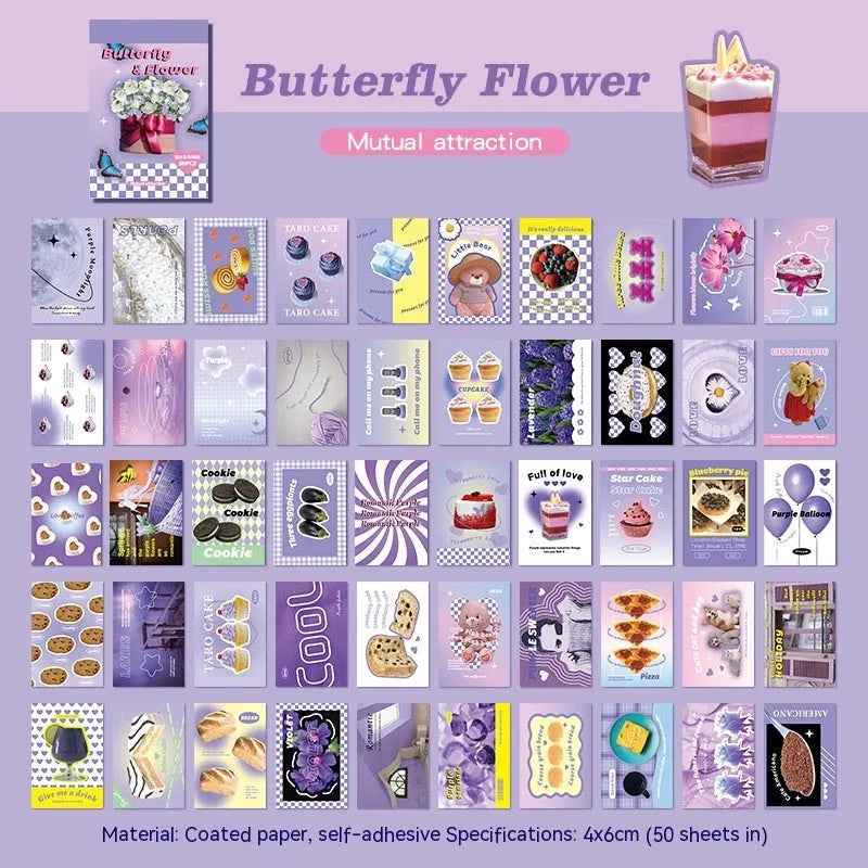 Cartoon sticker book with retro American style showing 4x6cm adhesive stickers in six colour variations