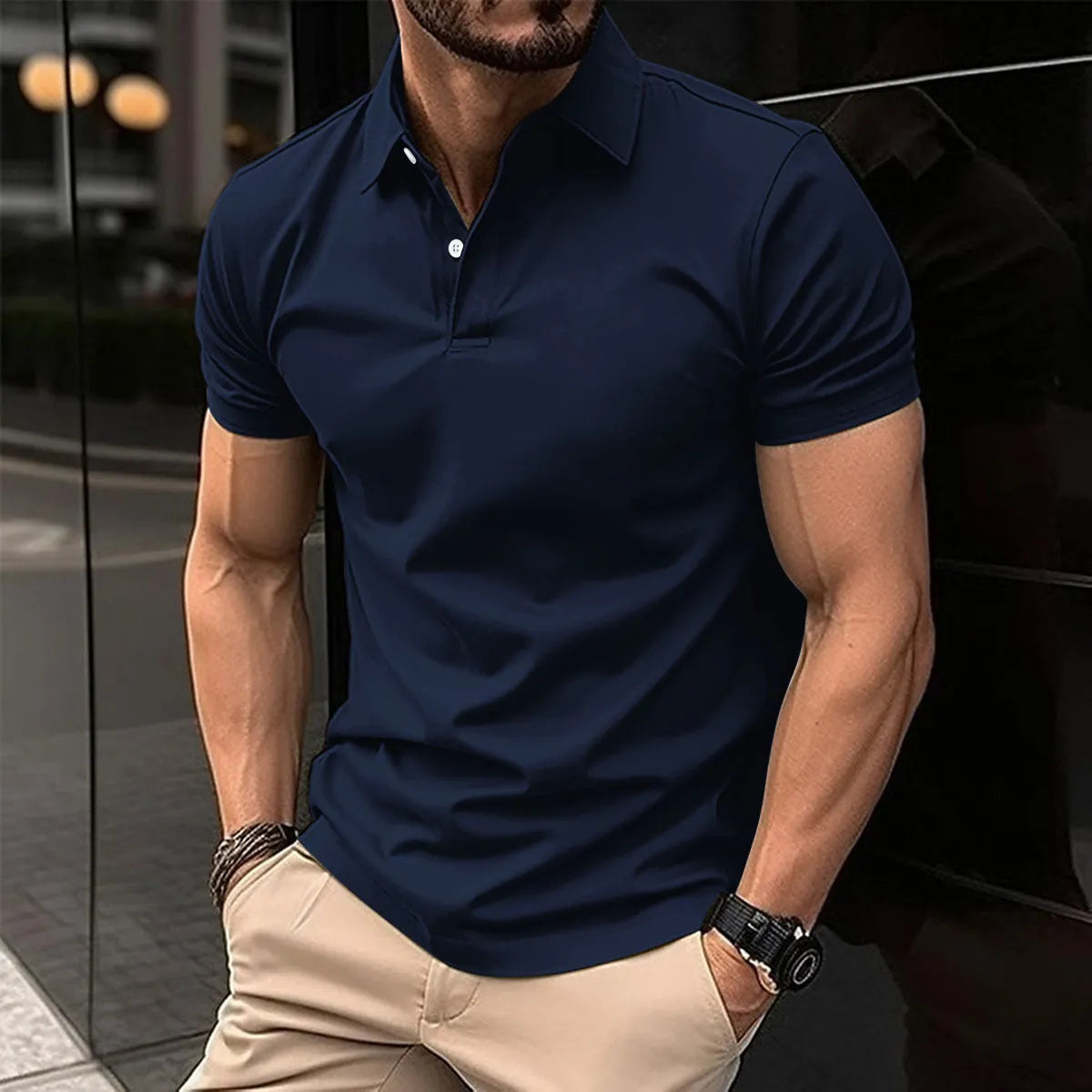Men's solid colour polo shirt with short sleeves and button lapel in cotton blend fabric