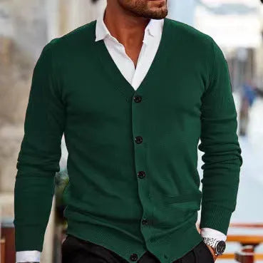 Men's slim fit acrylic cardigan in light grey, shown as a long-sleeved sweater coat open at the front.